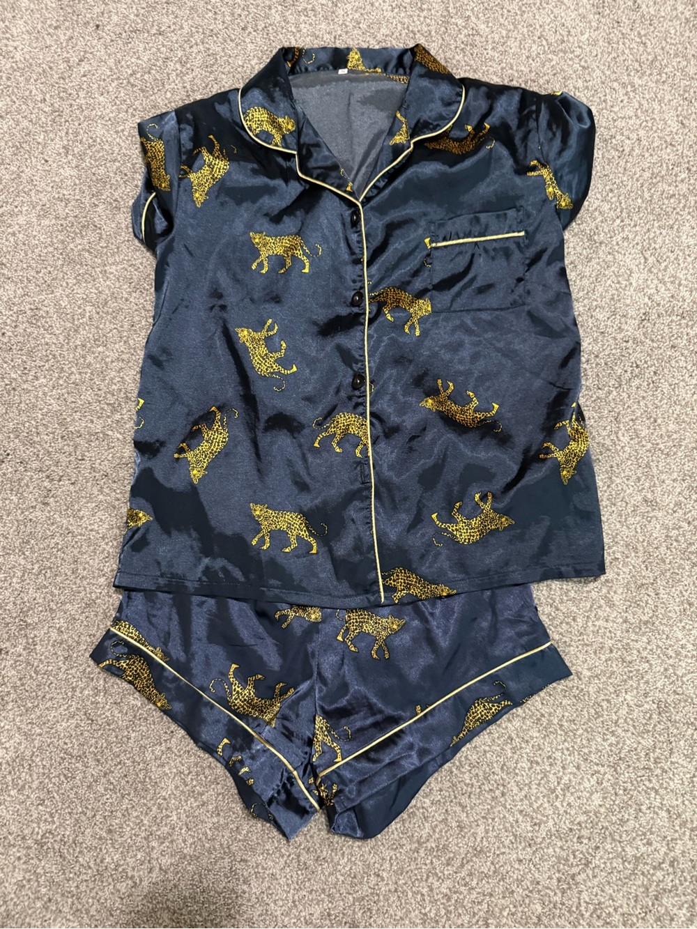 Navy Short Pajama Set with Gold Leopard Print - Women